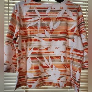 Alfred Dunner Women's Multicolor Leaf Print Top PM Orange White Beige